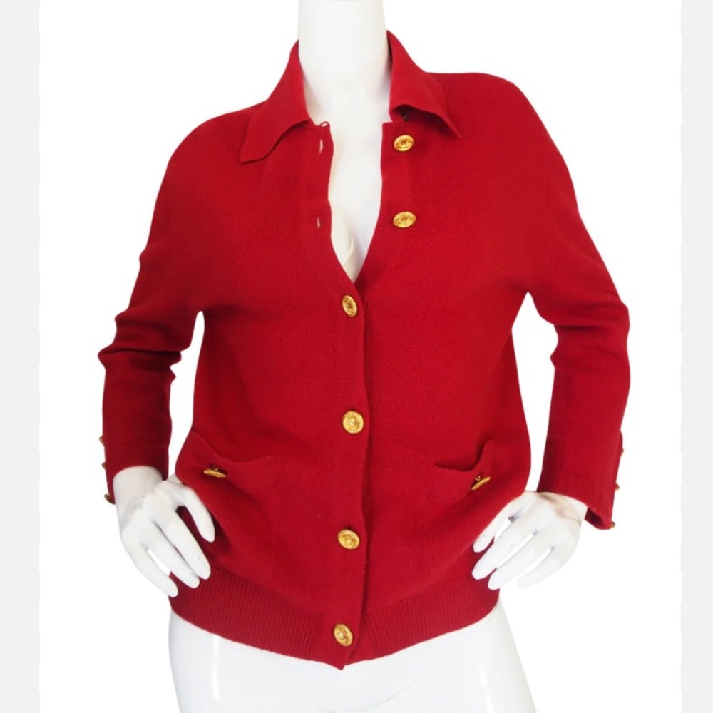 PINSPORT PETITES  Red Vintage Gold Crest Button Knit Cardigan Sweater L